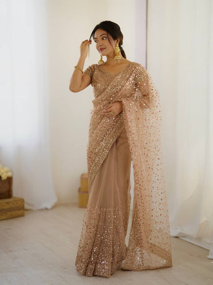 Party Wear Beige Color Net With Sequins Dori Work Designer Saree