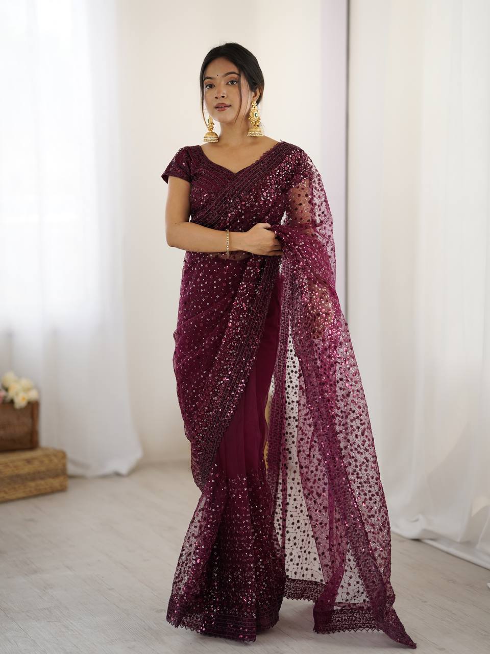 Party Wear Wine Color Net With Sequins Dori Work Designer Saree