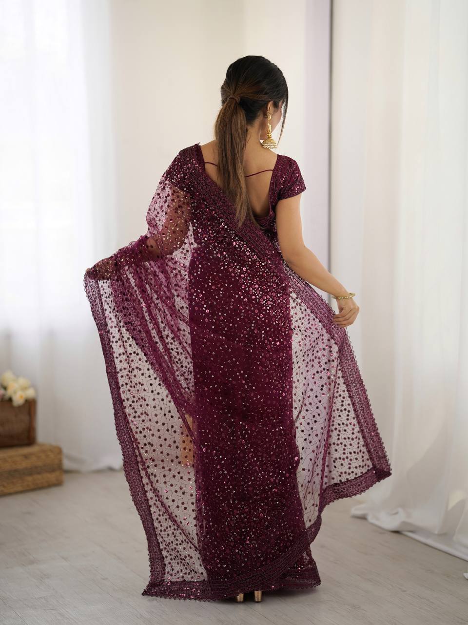 Party Wear Wine Color Net With Sequins Dori Work Designer Saree