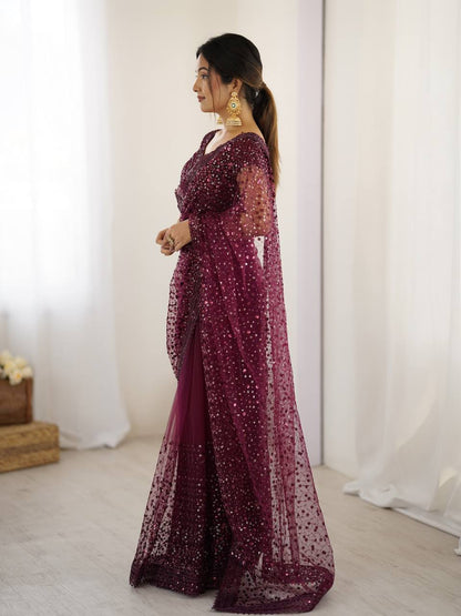 Party Wear Wine Color Net With Sequins Dori Work Designer Saree