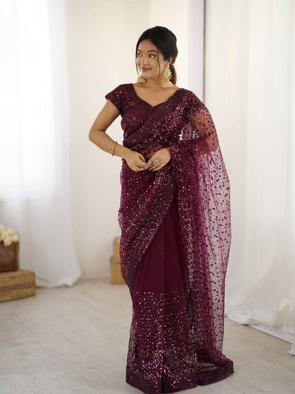 Party Wear Wine Color Net With Sequins Dori Work Designer Saree
