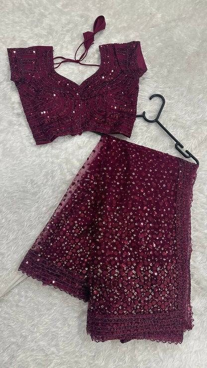 Party Wear Wine Color Net With Sequins Dori Work Designer Saree