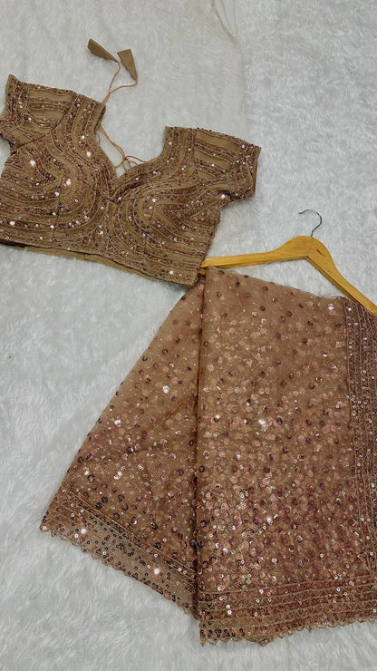 Party Wear Beige Color Net With Sequins Dori Work Designer Saree