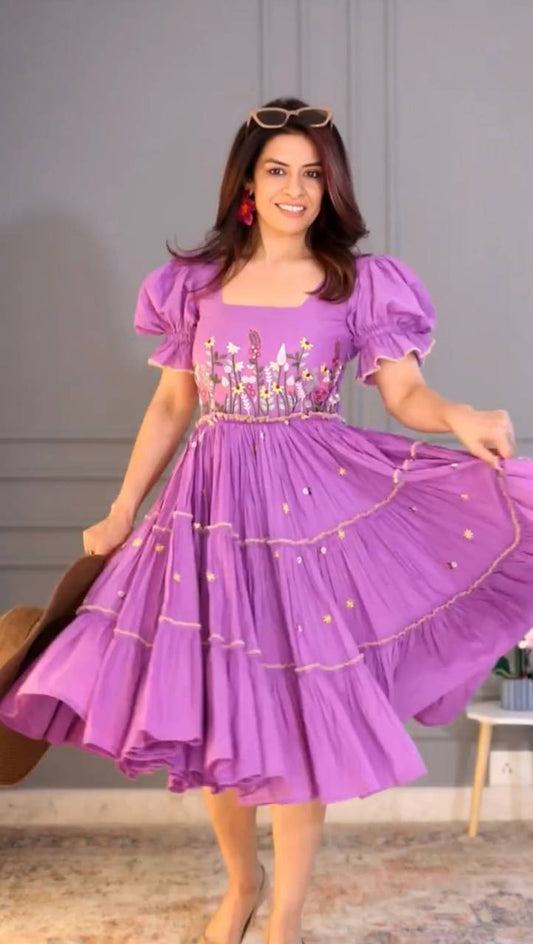 Casual Wear Lavender Color 12Kg Rayon Embroidery Work Beautiful Gown