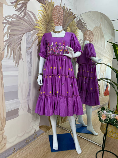 Casual Wear Lavender Color 12Kg Rayon Embroidery Work Beautiful Gown