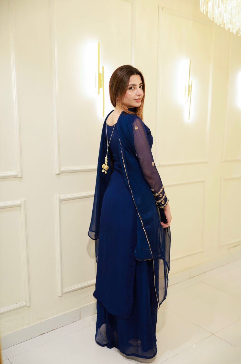 Sangeet Wear Navy Blue Color Georgette Plazoo Set