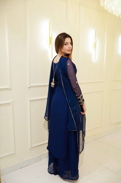Sangeet Wear Navy Blue Color Georgette Plazoo Set