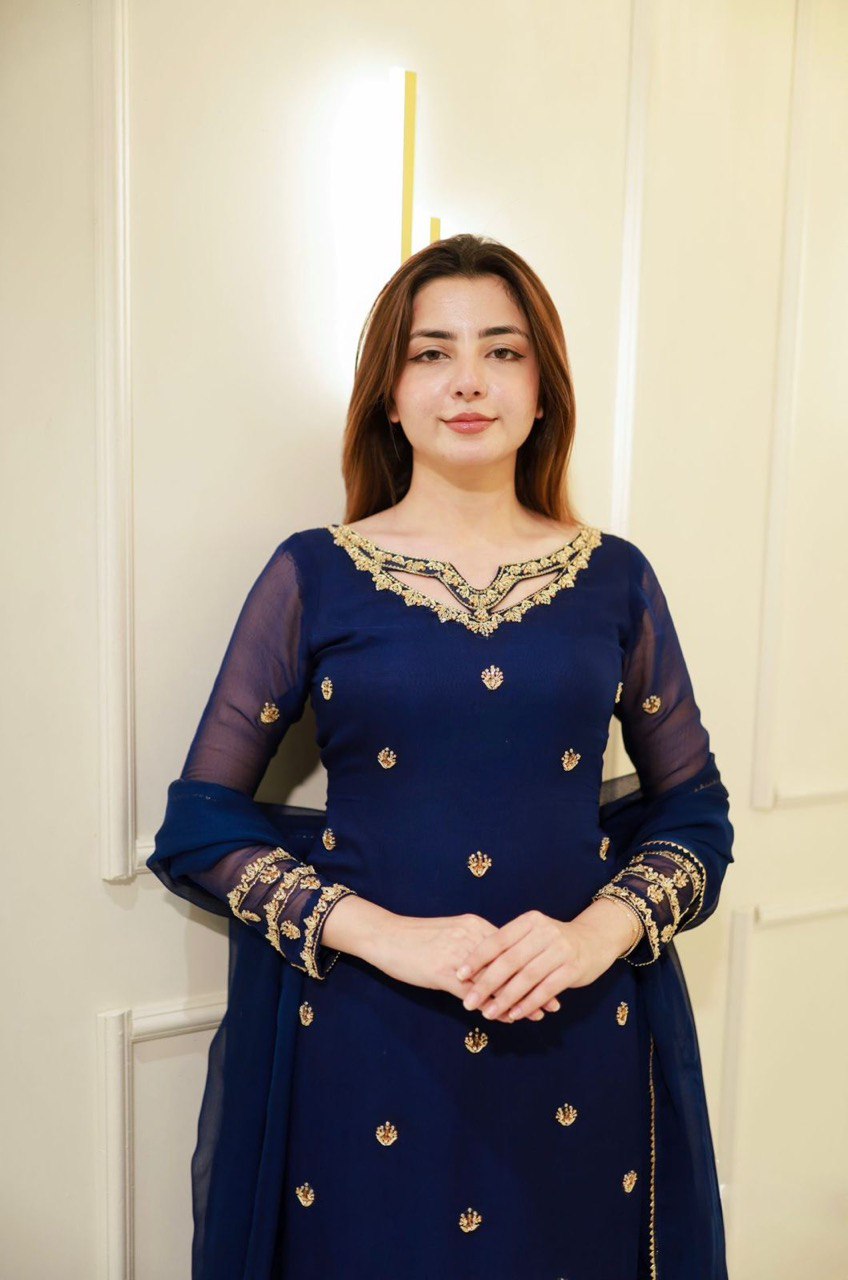 Sangeet Wear Navy Blue Color Georgette Plazoo Set