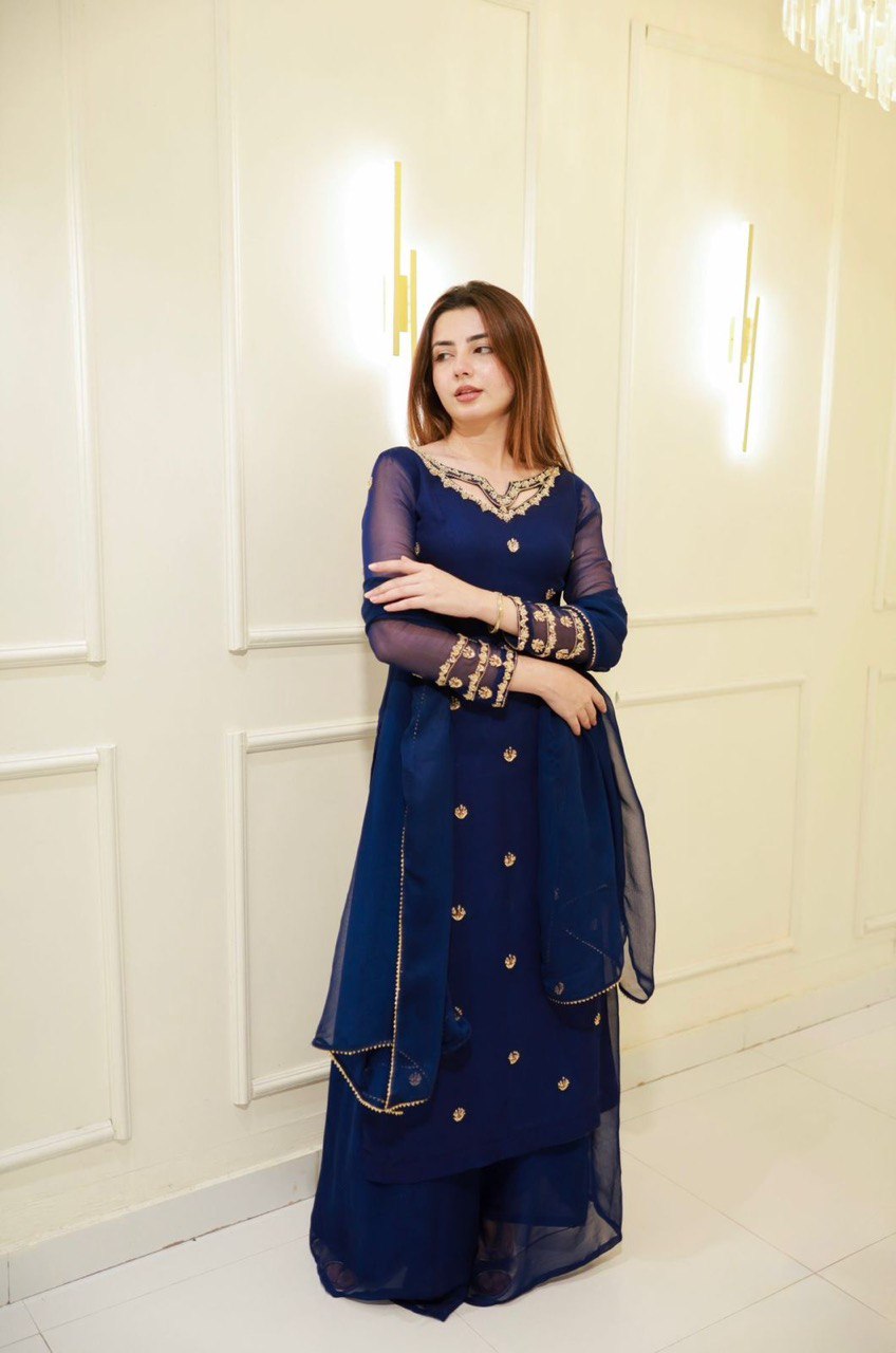 Sangeet Wear Navy Blue Color Georgette Plazoo Set