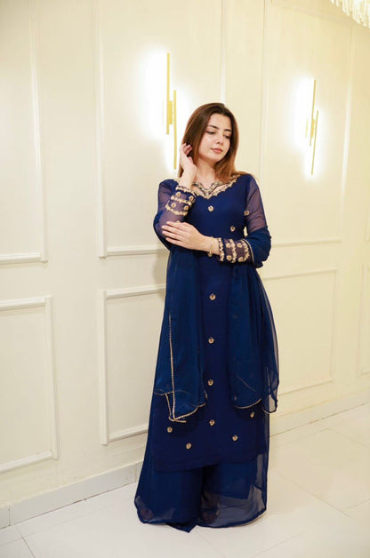 Sangeet Wear Navy Blue Color Georgette Plazoo Set