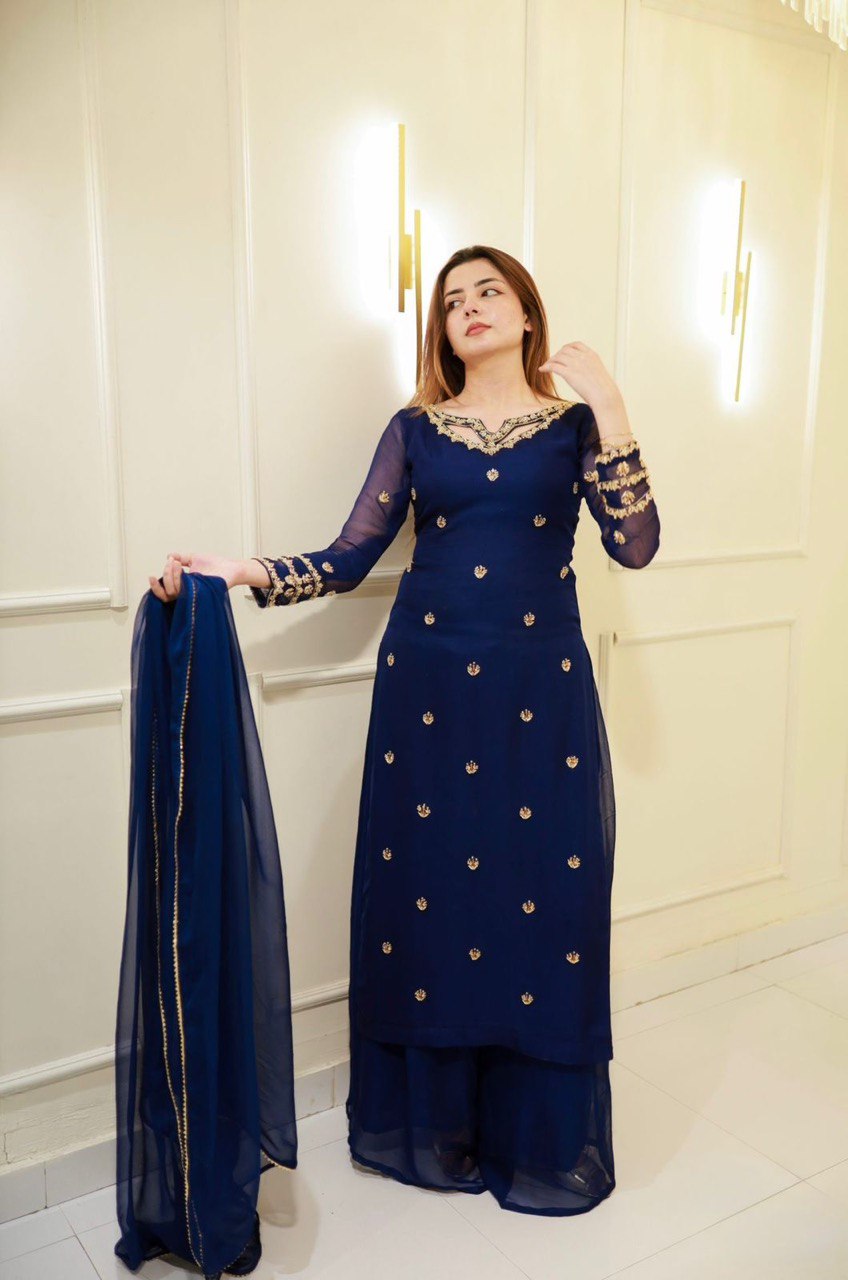 Sangeet Wear Navy Blue Color Georgette Plazoo Set