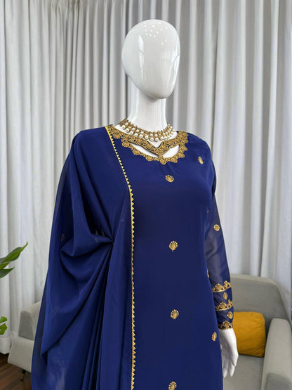 Sangeet Wear Navy Blue Color Georgette Plazoo Set
