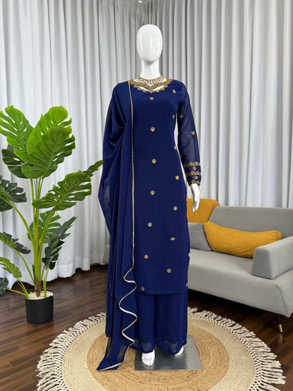 Sangeet Wear Navy Blue Color Georgette Plazoo Set