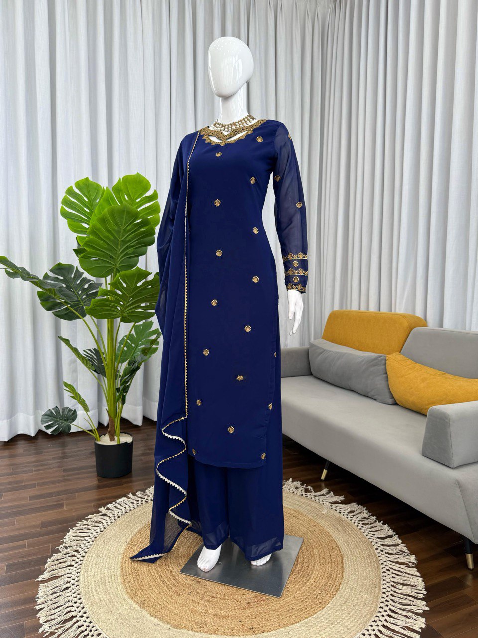 Sangeet Wear Navy Blue Color Georgette Plazoo Set