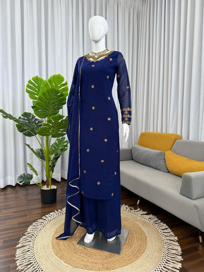 Sangeet Wear Navy Blue Color Georgette Plazoo Set
