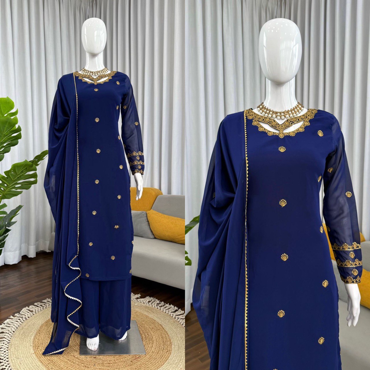 Sangeet Wear Navy Blue Color Georgette Plazoo Set