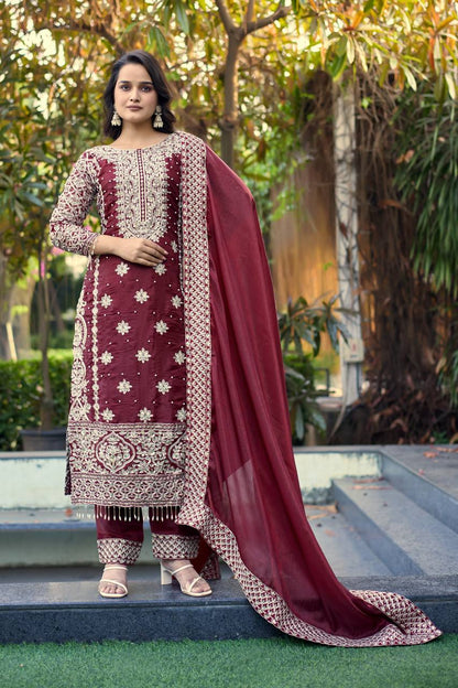 Elegant Maroon Color Embroidery Fully Stitched Salwar Suit