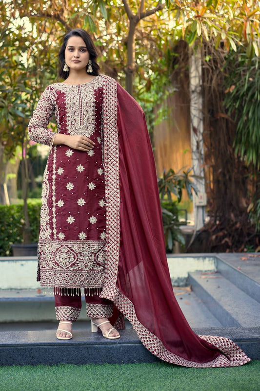 Elegant Maroon Color Embroidery Fully Stitched Salwar Suit