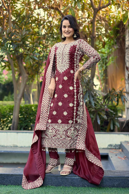 Elegant Maroon Color Embroidery Fully Stitched Salwar Suit