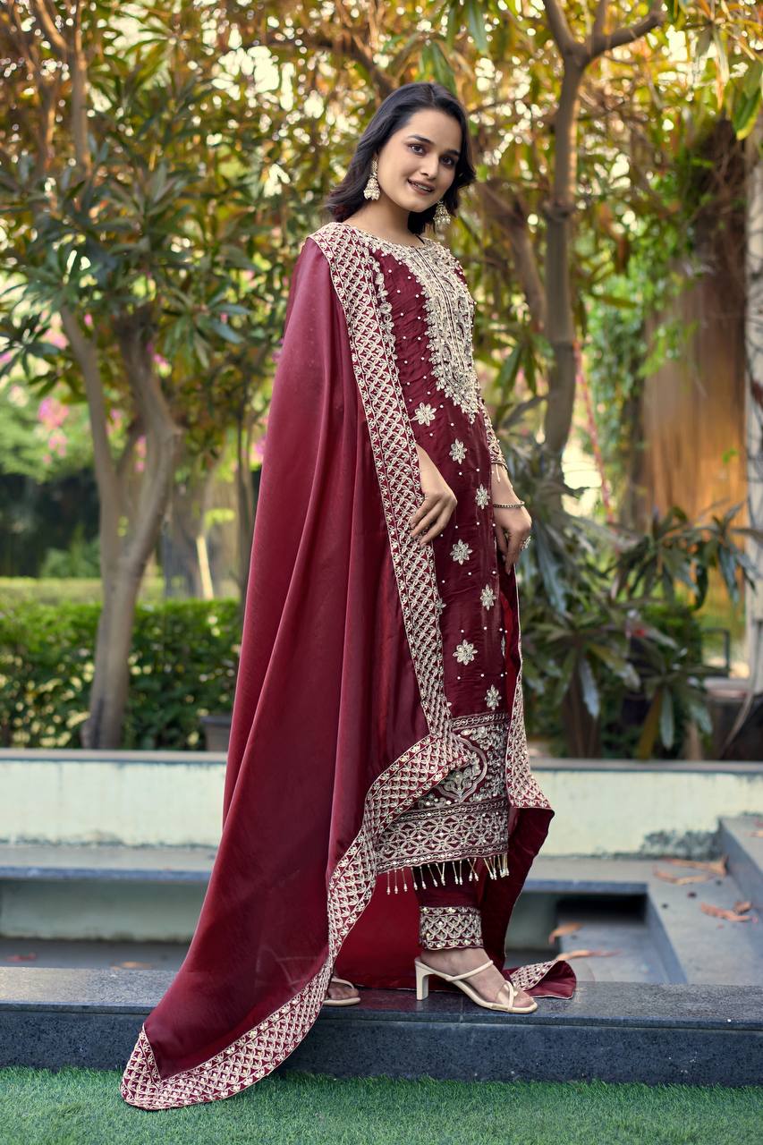 Elegant Maroon Color Embroidery Fully Stitched Salwar Suit