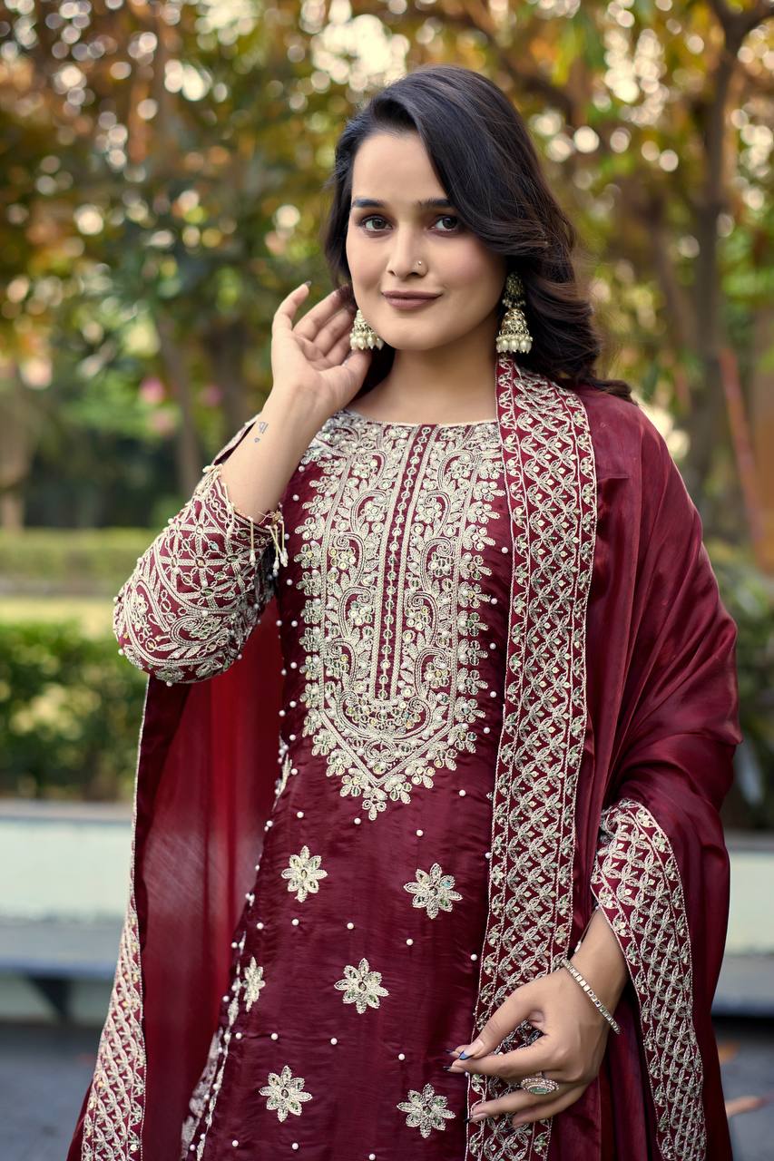Elegant Maroon Color Embroidery Fully Stitched Salwar Suit