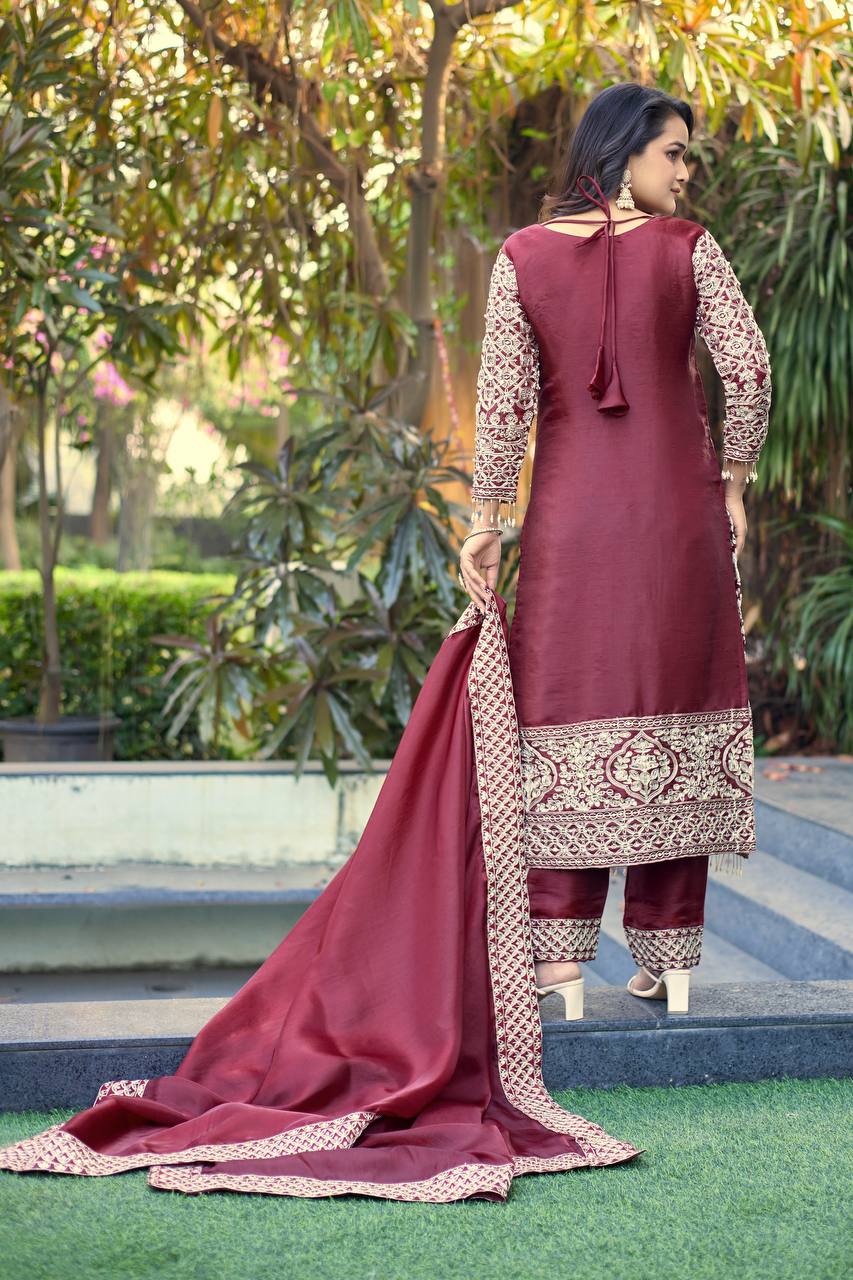 Elegant Maroon Color Embroidery Fully Stitched Salwar Suit