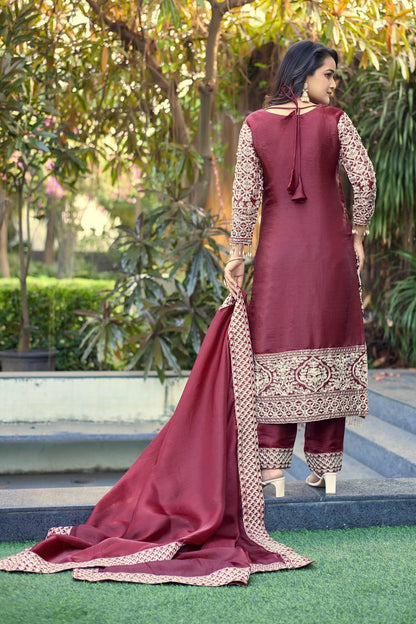 Elegant Maroon Color Embroidery Fully Stitched Salwar Suit