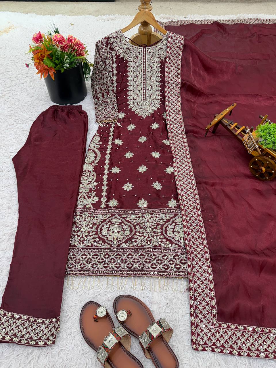 Elegant Maroon Color Embroidery Fully Stitched Salwar Suit