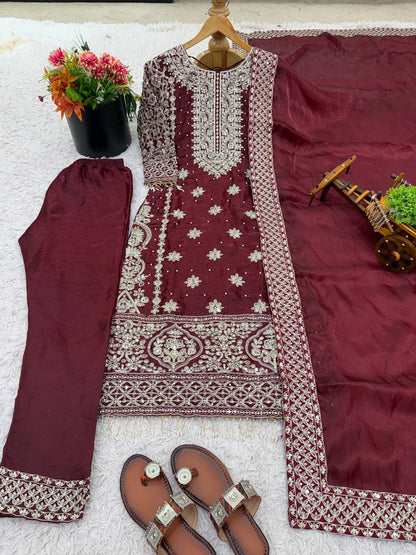 Elegant Maroon Color Embroidery Fully Stitched Salwar Suit