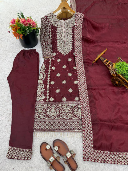 Elegant Maroon Color Embroidery Fully Stitched Salwar Suit