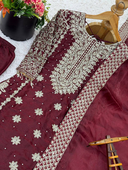 Elegant Maroon Color Embroidery Fully Stitched Salwar Suit
