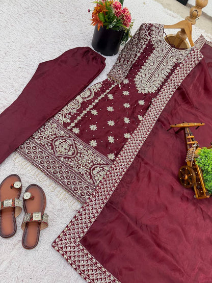 Elegant Maroon Color Embroidery Fully Stitched Salwar Suit