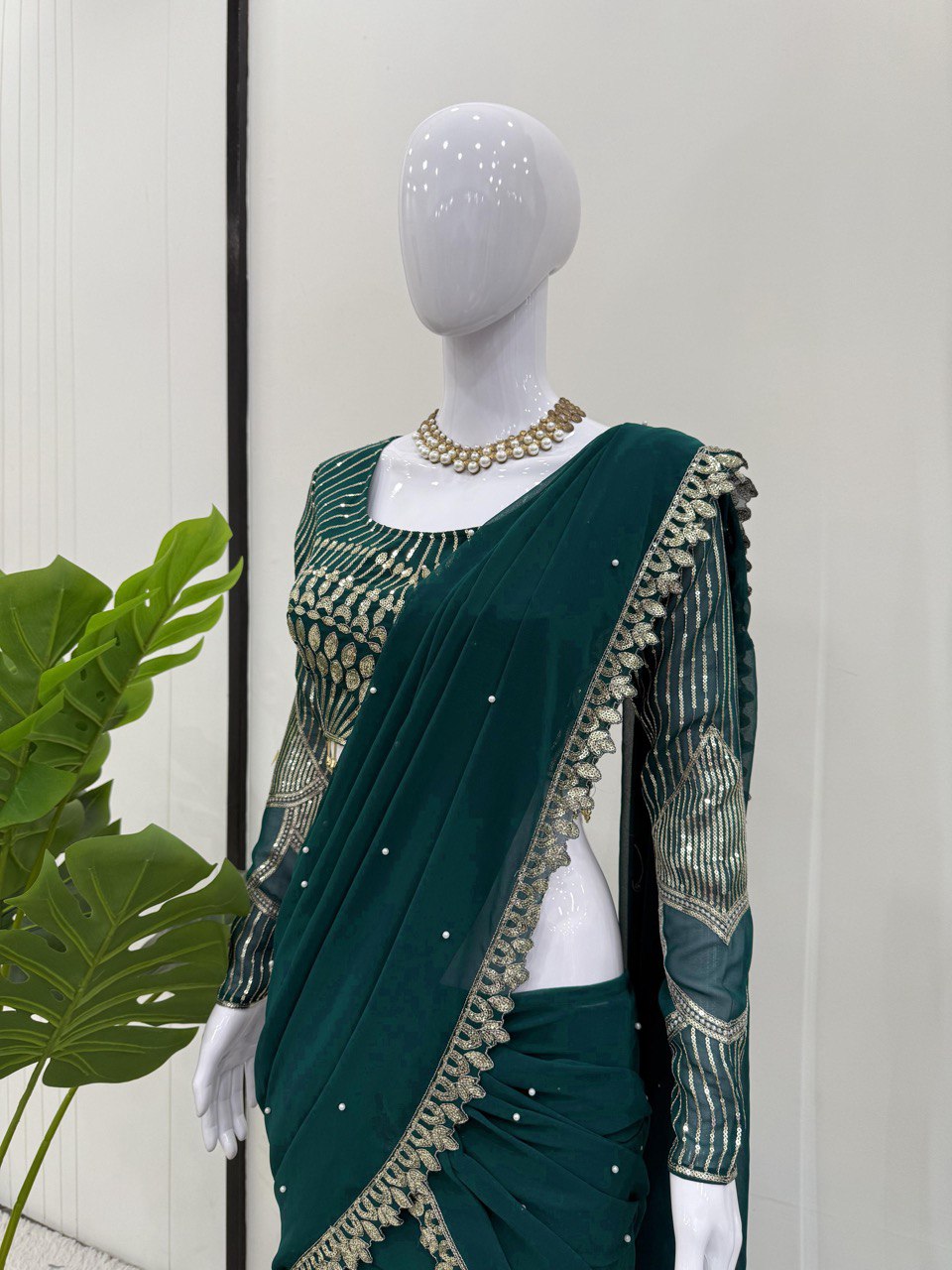 Trendy Green Color Faux Georgette Thread With Sequence Work Ready To Wear Lehenga Saree