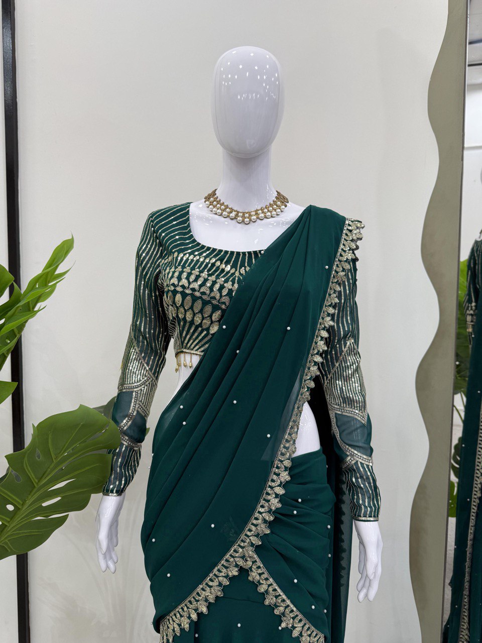 Trendy Green Color Faux Georgette Thread With Sequence Work Ready To Wear Lehenga Saree
