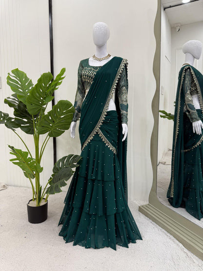 Trendy Green Color Faux Georgette Thread With Sequence Work Ready To Wear Lehenga Saree
