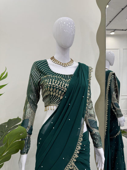 Trendy Green Color Faux Georgette Thread With Sequence Work Ready To Wear Lehenga Saree