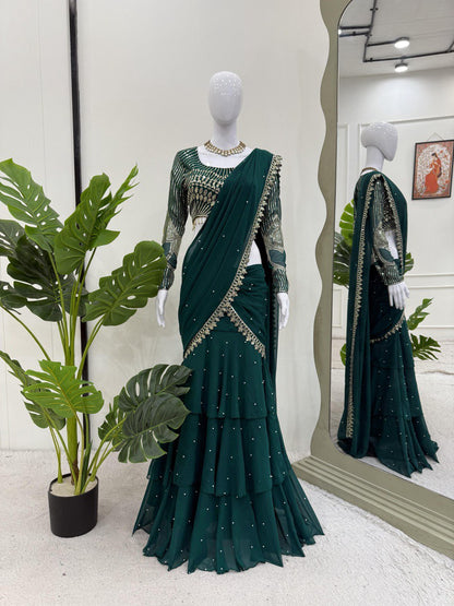 Trendy Green Color Faux Georgette Thread With Sequence Work Ready To Wear Lehenga Saree