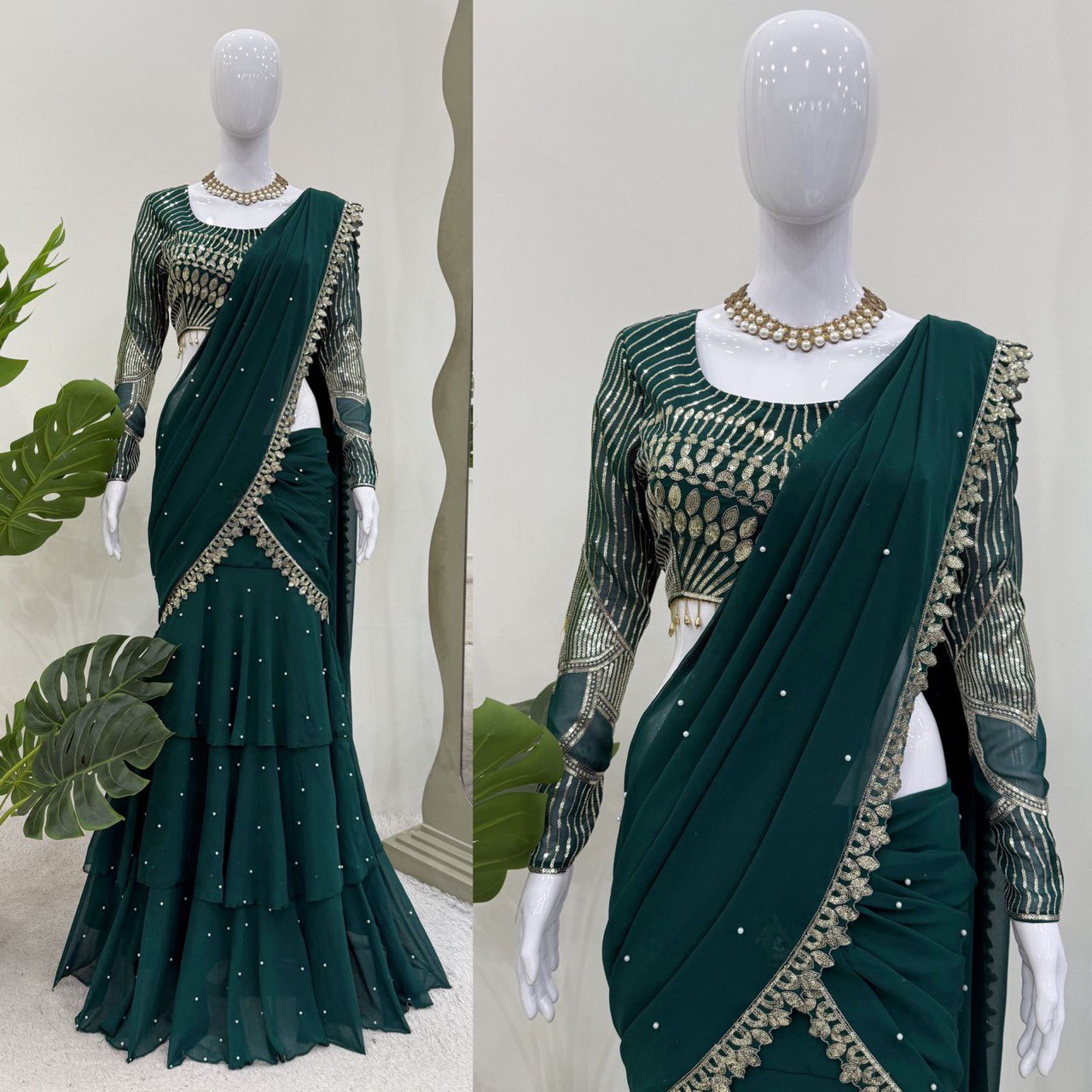 Trendy Green Color Faux Georgette Thread With Sequence Work Ready To Wear Lehenga Saree
