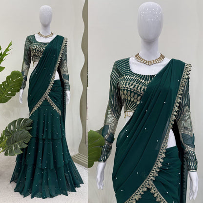 Trendy Green Color Faux Georgette Thread With Sequence Work Ready To Wear Lehenga Saree