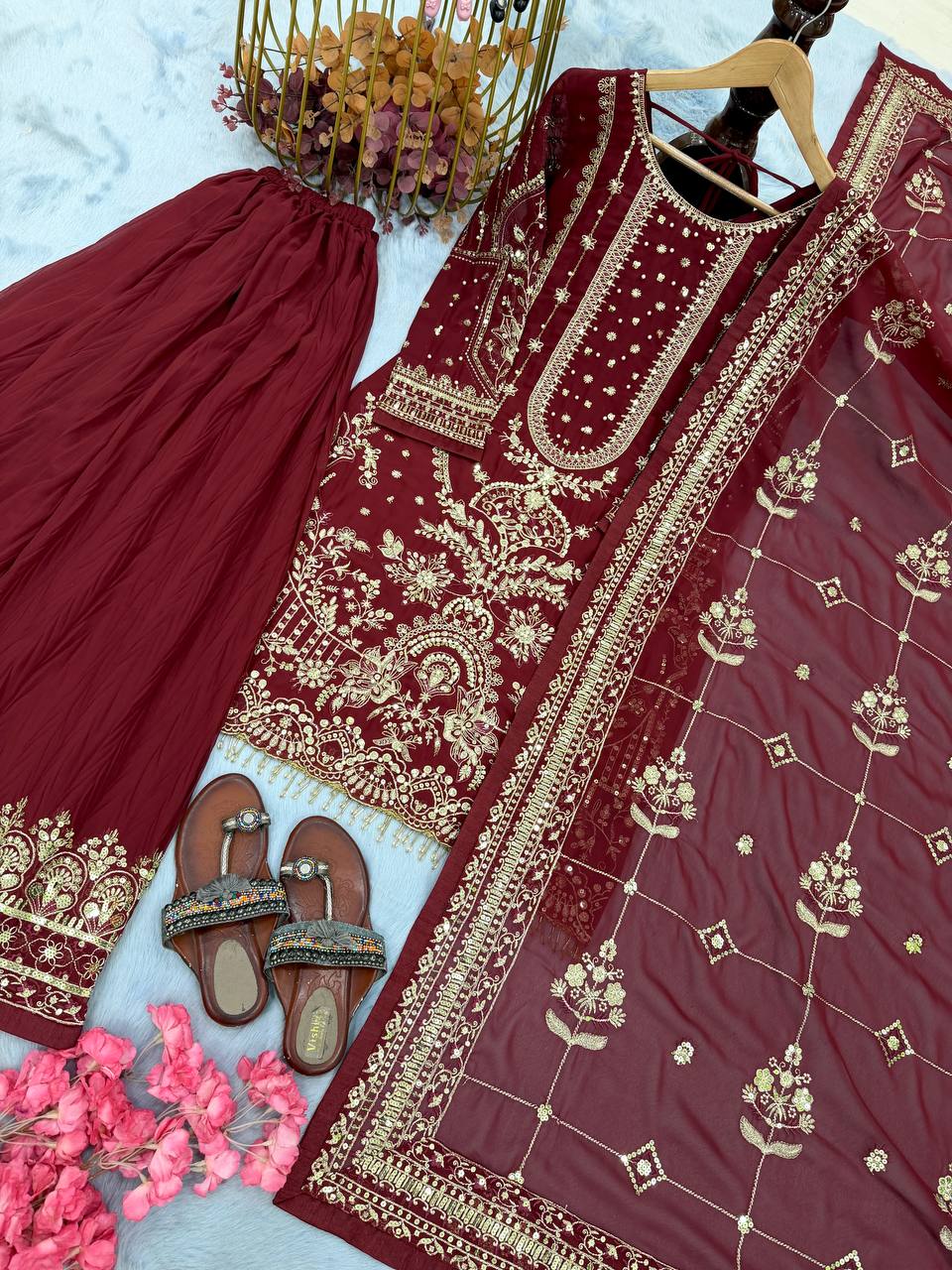 Wedding Wear Maroon Color Embroidered Faux Georgette Plazzo Set