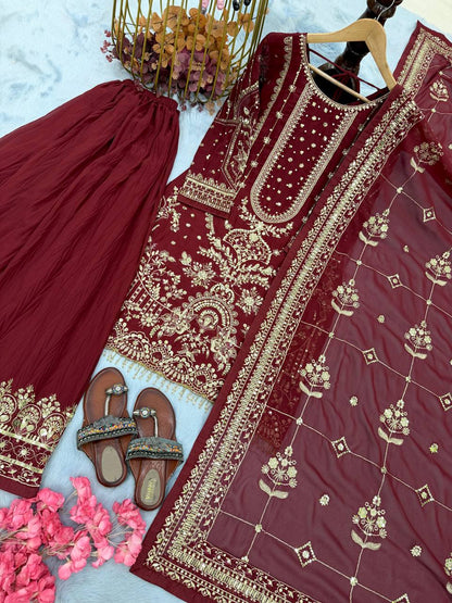 Wedding Wear Maroon Color Embroidered Faux Georgette Plazzo Set