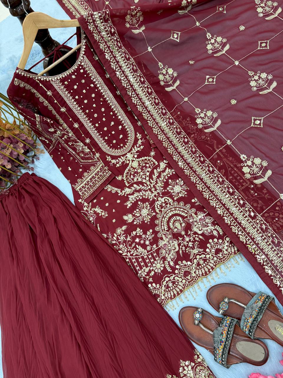 Wedding Wear Maroon Color Embroidered Faux Georgette Plazzo Set