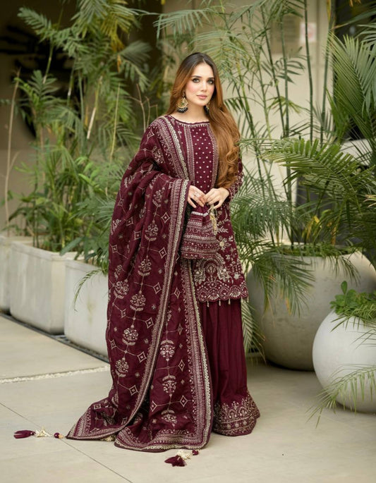 Wedding Wear Maroon Color Embroidered Faux Georgette Plazzo Set