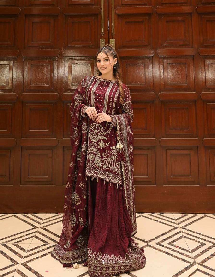 Wedding Wear Maroon Color Embroidered Faux Georgette Plazzo Set