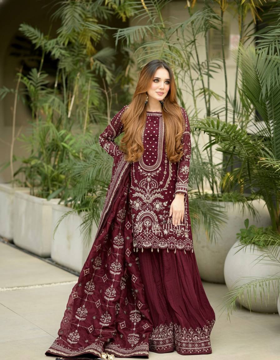 Wedding Wear Maroon Color Embroidered Faux Georgette Plazzo Set