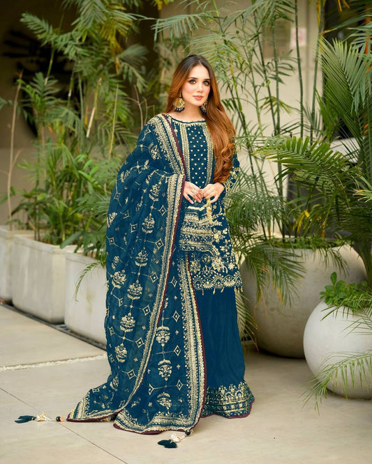 Teal Green Color Embroidered Rivert Moti Work Plazzo Set