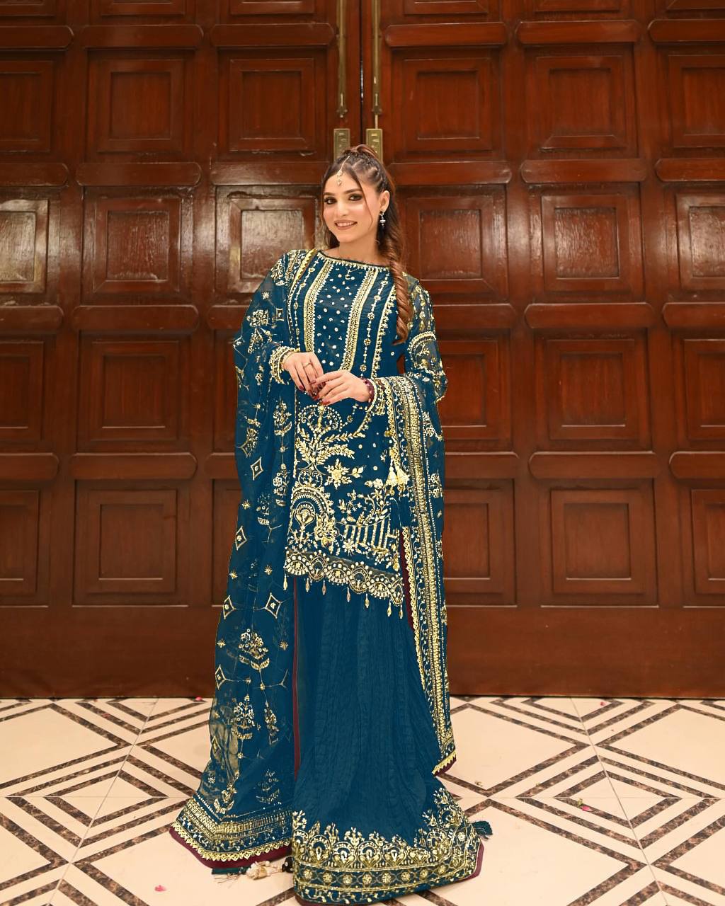Teal Green Color Embroidered Rivert Moti Work Plazzo Set