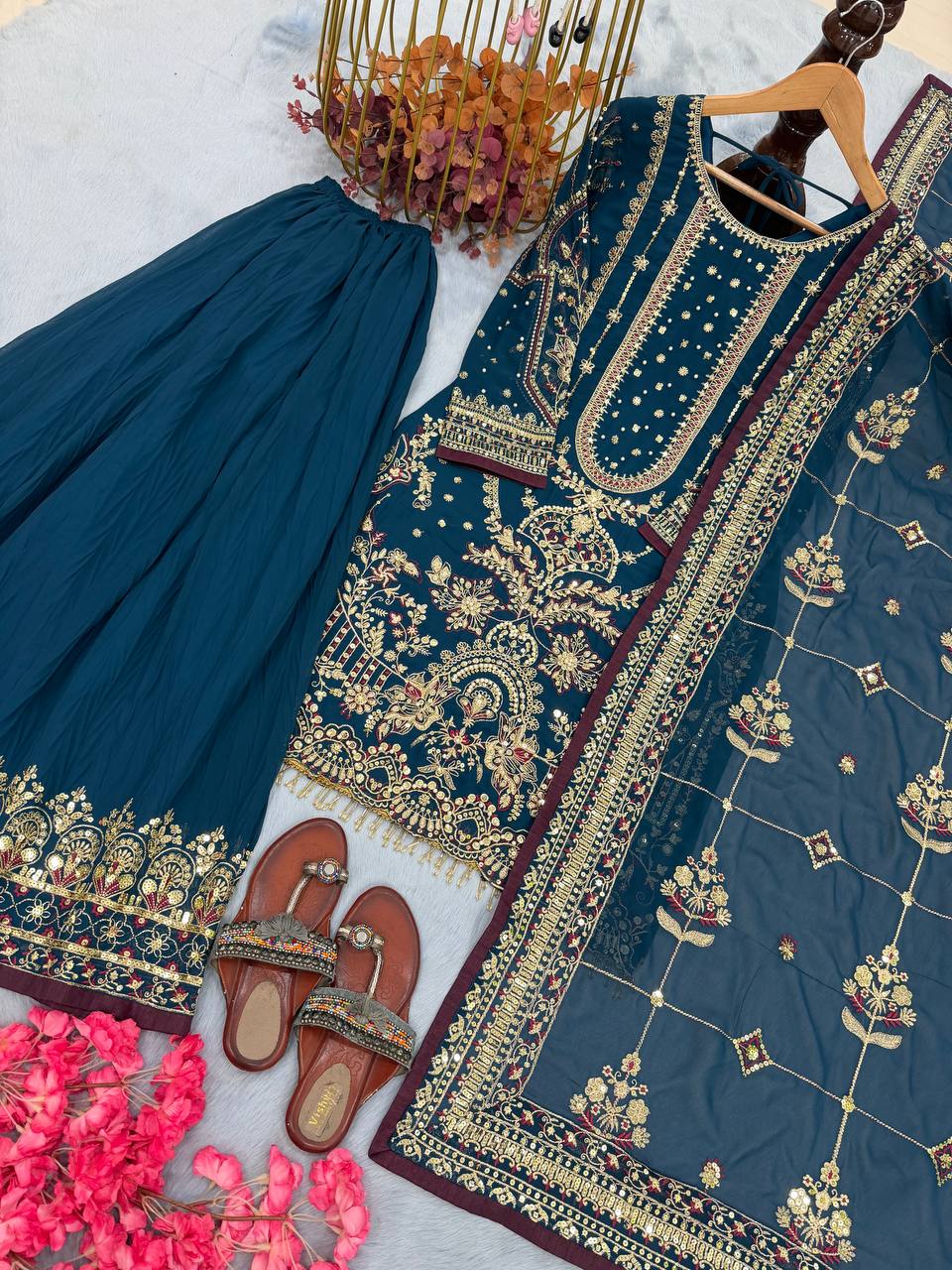 Teal Green Color Embroidered Rivert Moti Work Plazzo Set