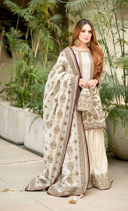 Off White Color Embroidered Rivert Moti Work Wedding Wear Plazzo Set