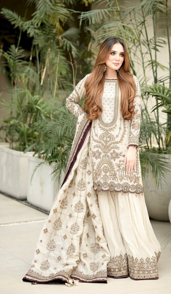 Off White Color Embroidered Rivert Moti Work Wedding Wear Plazzo Set